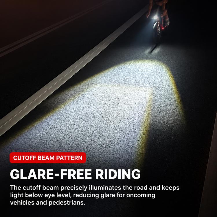Bike front headlight casting a cutoff beam on the road surface