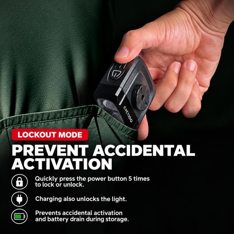 Black bike headlight with hand pressing power button for lockout mode