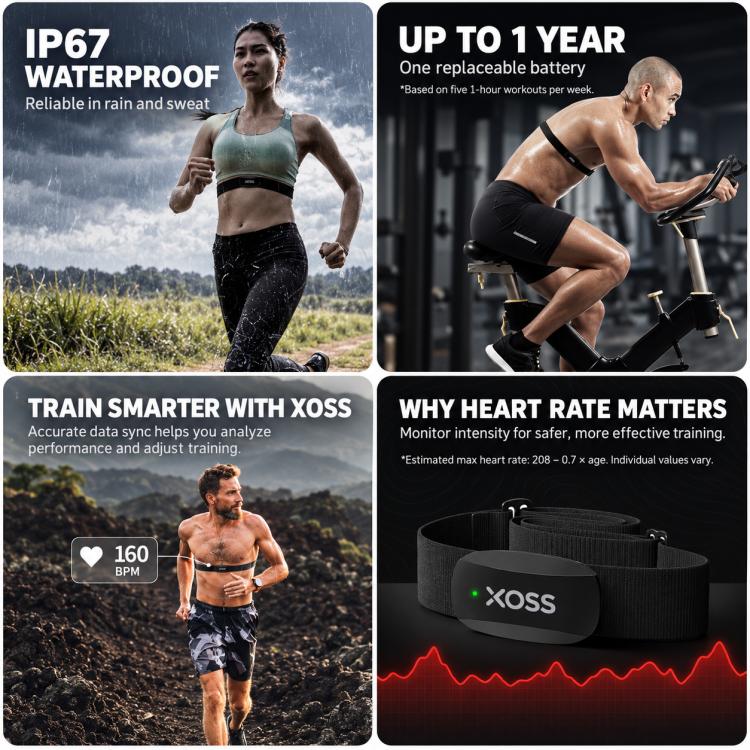 XOSS heart-rate chest strap on runners with IP67 waterproof design claim.