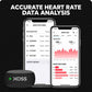 XOSS chest strap transmitter with green LED next to smartphones showing heart-rate zones.