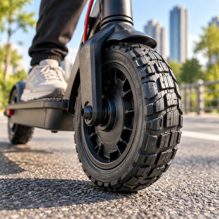Universal electric scooter tire with deep block tread, 12 x 3 inches, mounted on wheel