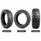 Universal electric scooter tire shown from angled, side, and tread pattern views, black