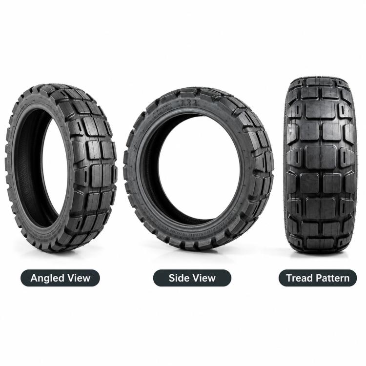 Universal electric scooter tire shown from angled, side, and tread pattern views, black