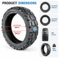 Black electric scooter tire with block tread pattern, shown with product size layout
