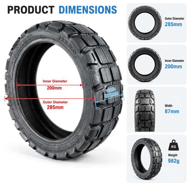 Black electric scooter tire with block tread pattern, shown with product size layout