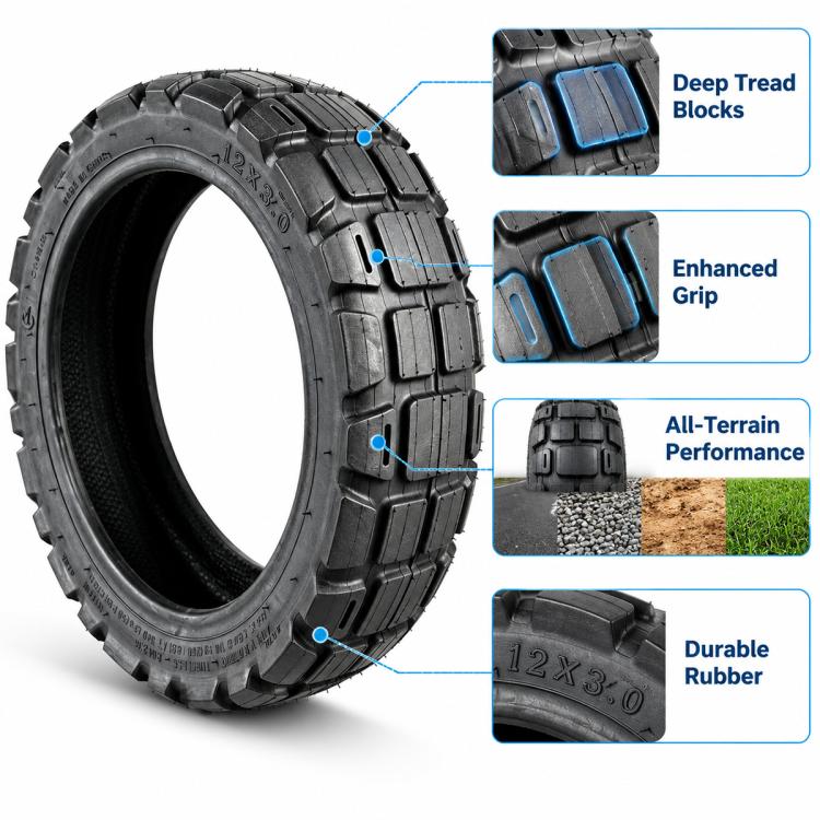 Universal electric scooter tire with deep tread blocks and reinforced rubber texture, black