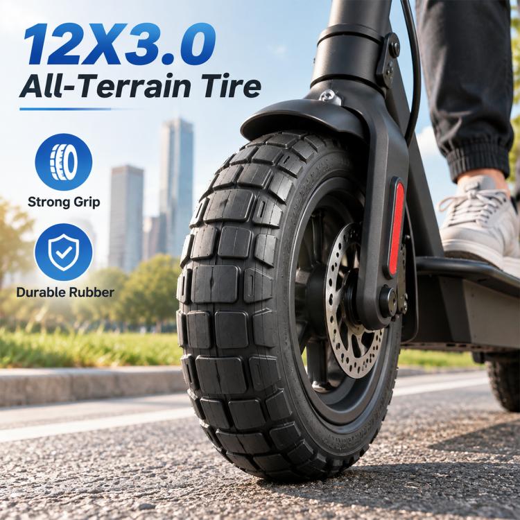All-terrain electric scooter tire with deep block tread, black rubber, 12 x 3 inches