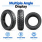 Black solid honeycomb scooter tire set with angled, tread, and side views.