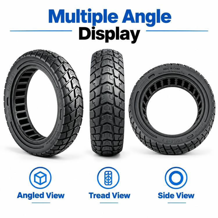 Black solid honeycomb scooter tire set with angled, tread, and side views.
