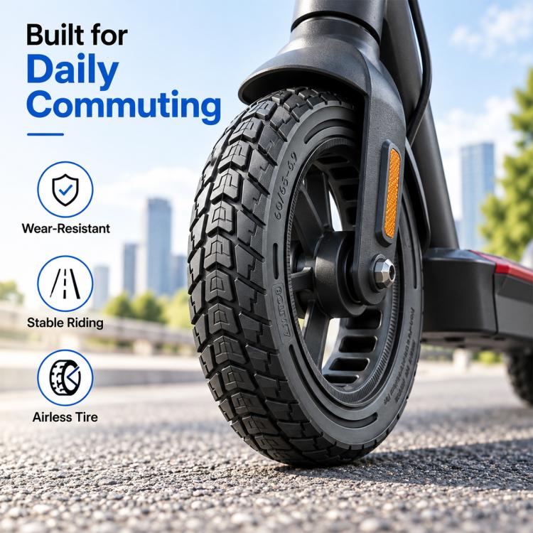 Black solid honeycomb scooter tire with deep tread on front wheel hub.