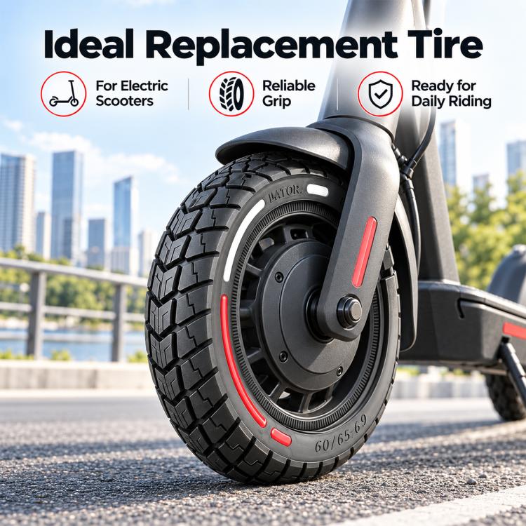Electric scooter front wheel with solid black tire and red side stripe