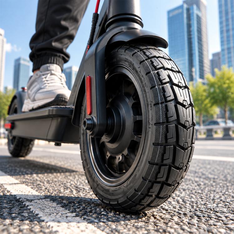 Black off-road scooter vacuum tire with deep tread, mounted on wheel