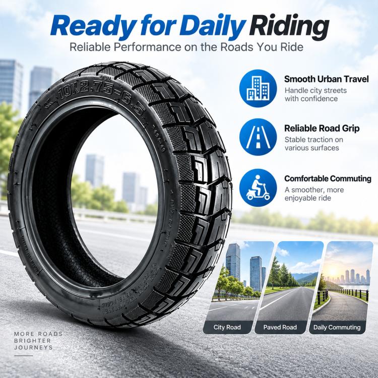 Black off-road vacuum scooter tire with deep tread on wheel rim