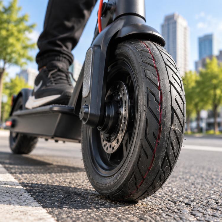 Electric scooter pneumatic tire with black tread and red sidewall markings