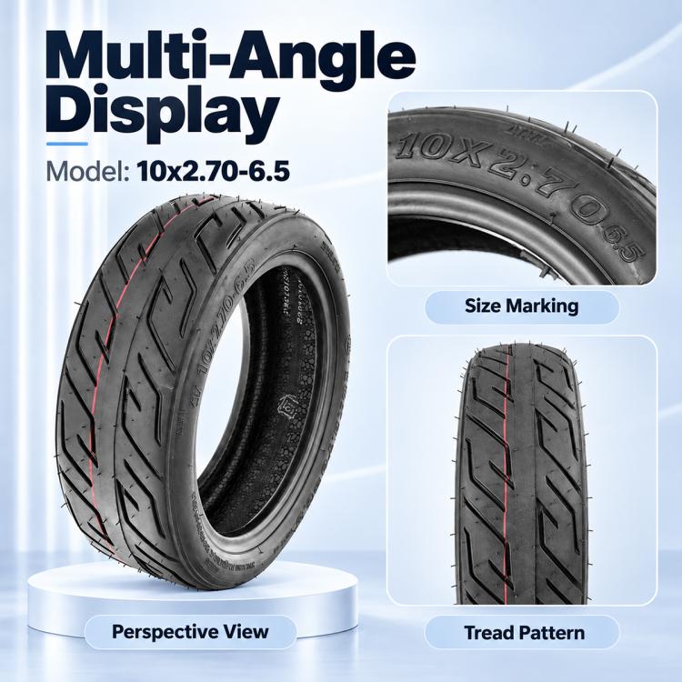 Electric scooter tire shown at angle with detailed tread and size markings