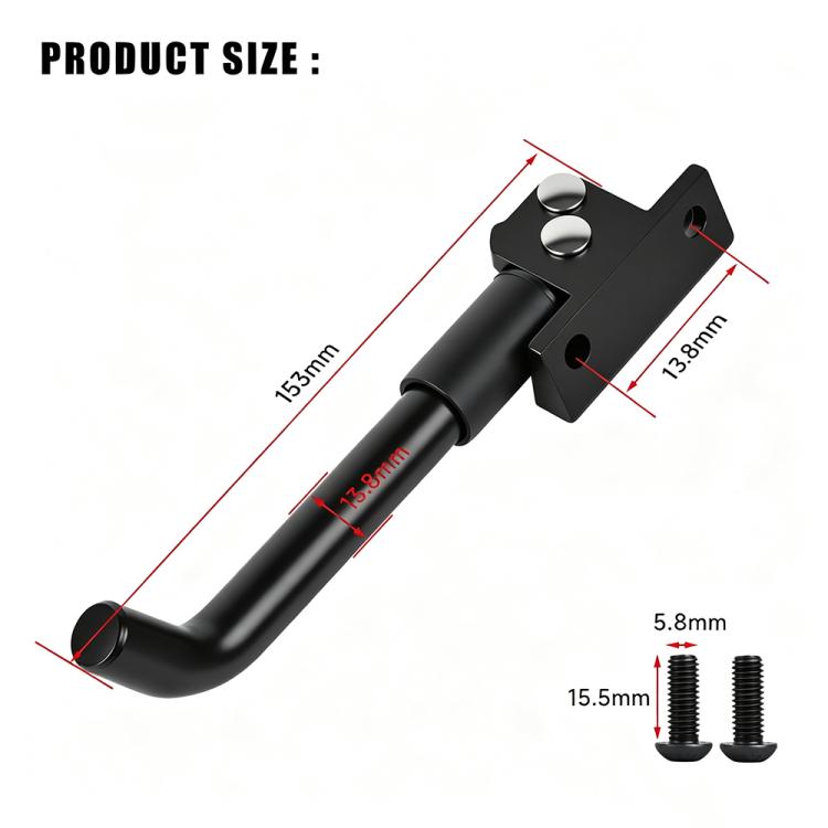 Black kickstand support arm with mounting bracket, shown with size dimensions.
