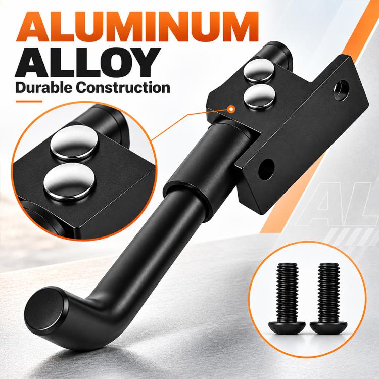 Black aluminum scooter kickstand with mounting plate and pivot buttons.