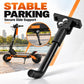 Black scooter side kickstand with wide mounting plate for secure parking.