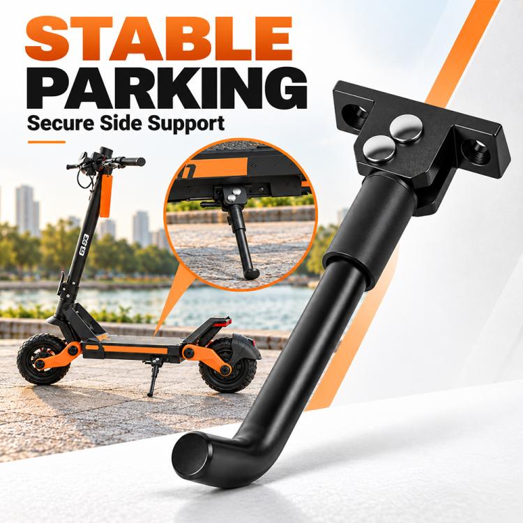 Black scooter side kickstand with wide mounting plate for secure parking.