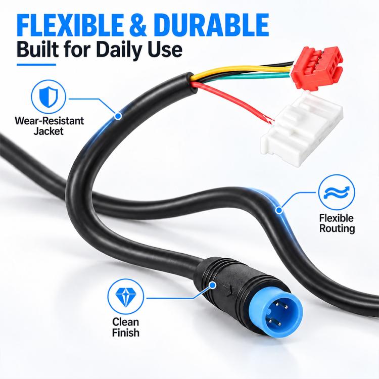 Flexible black electric scooter controller cable with wear jacket, blue plug, and red terminal ends