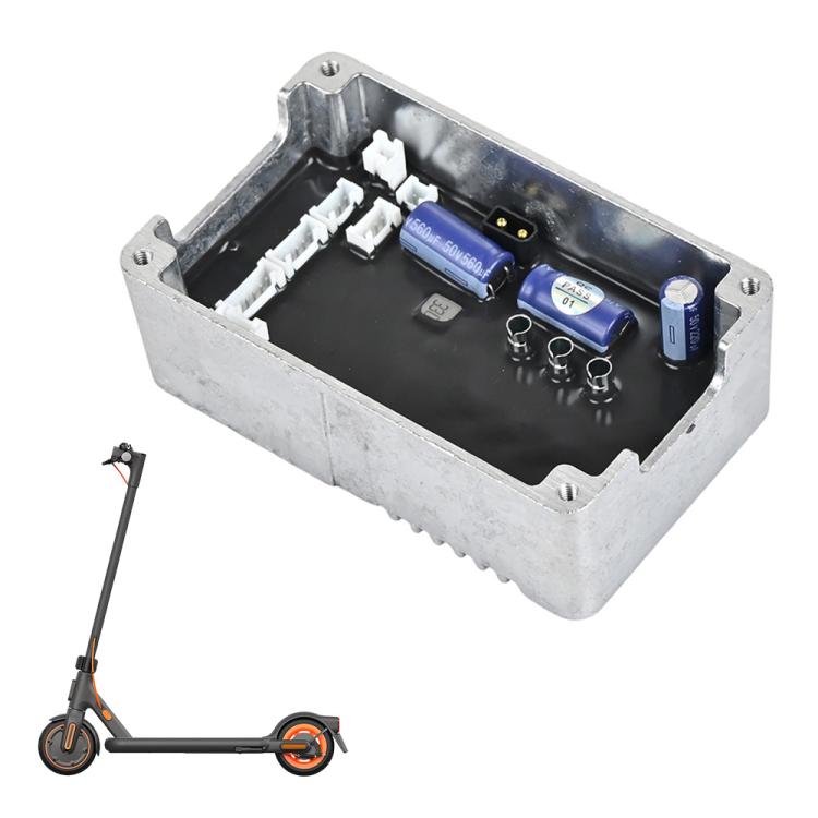 Electric scooter controller circuit board inside gray metal housing, blue capacitors and connectors