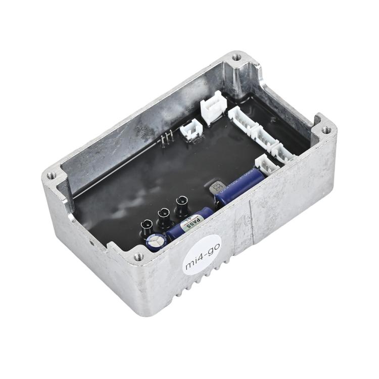 Electric scooter controller circuit board in gray metal enclosure with wiring terminals