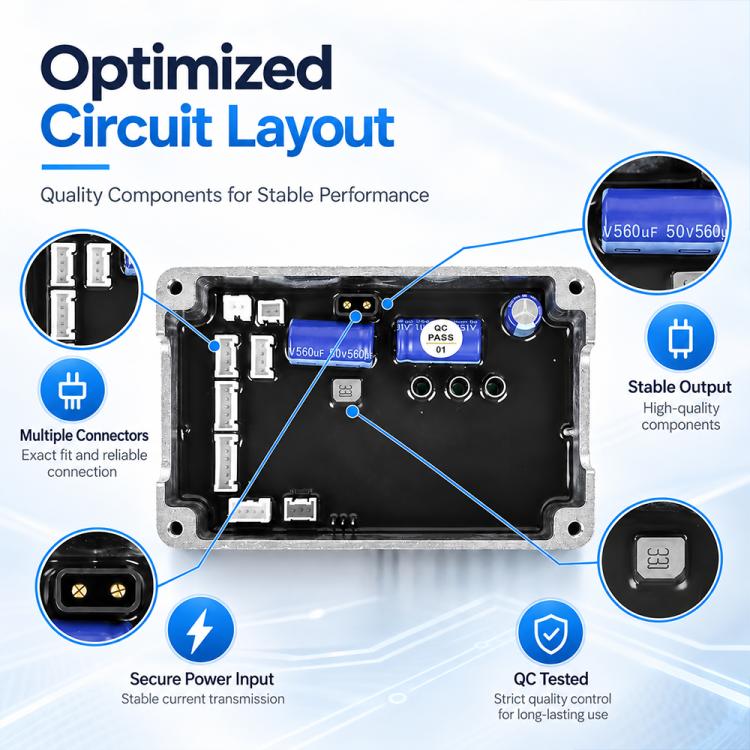 Electric scooter controller PCB with multiple connectors, power input area, and gray metal frame