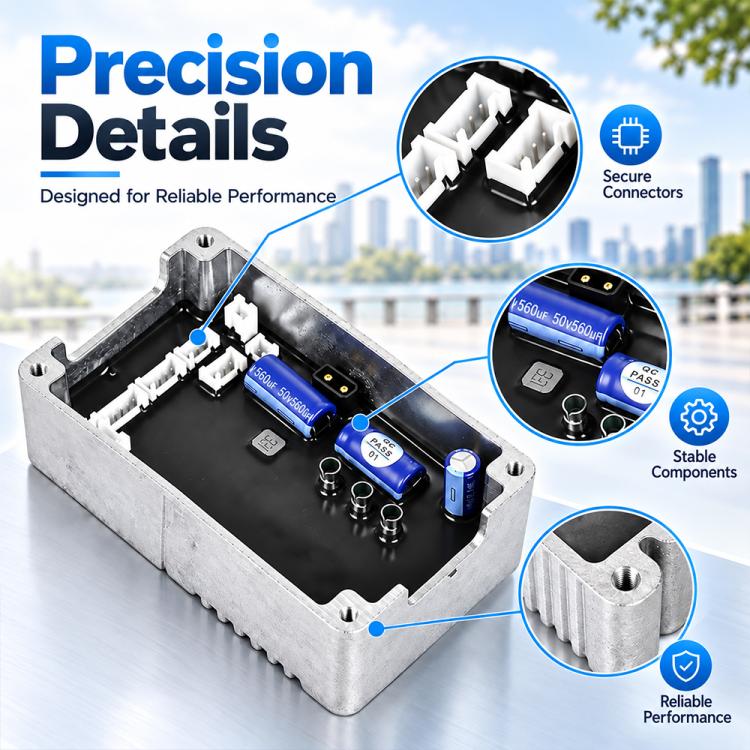 Electric scooter controller circuit board in gray enclosure with white connectors and blue capacitor