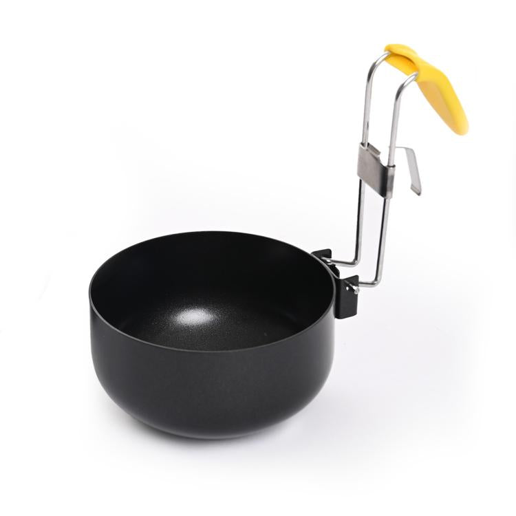Black nonstick egg poacher bowl with yellow silicone handle and folding clamp stand