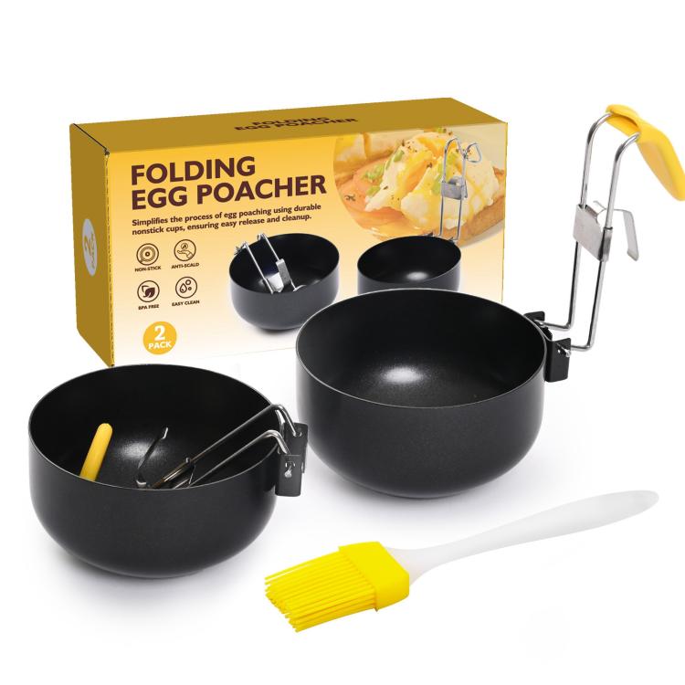 Set of two black nonstick egg poachers with folding handles, includes yellow silicone brush comb