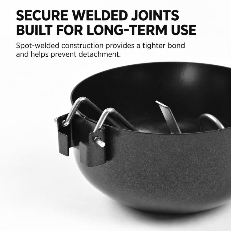 Black nonstick egg poacher with welded folding basket insert and clamp handle