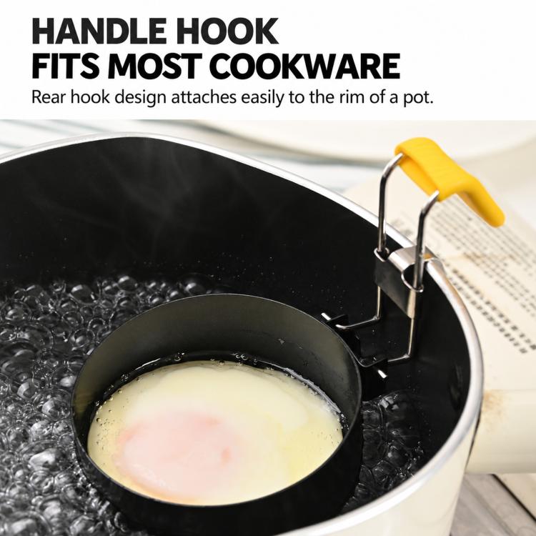 Black egg poacher hooked to a pot rim with yellow silicone-grip folding handle