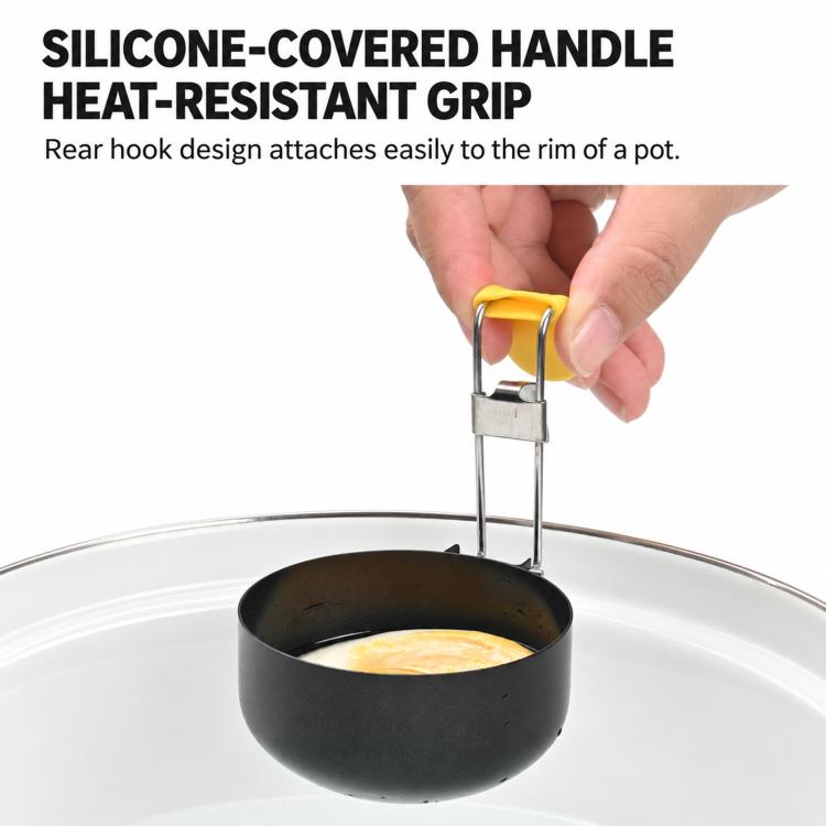 Yellow silicone-covered handle grips a black egg poacher over a boiling pot