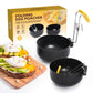 Folding egg poacher set: two black nonstick bowls with yellow silicone handles in box