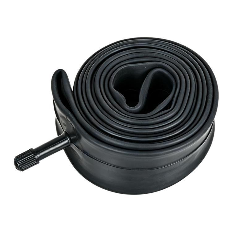 Black bicycle inner tube coil with valve stem