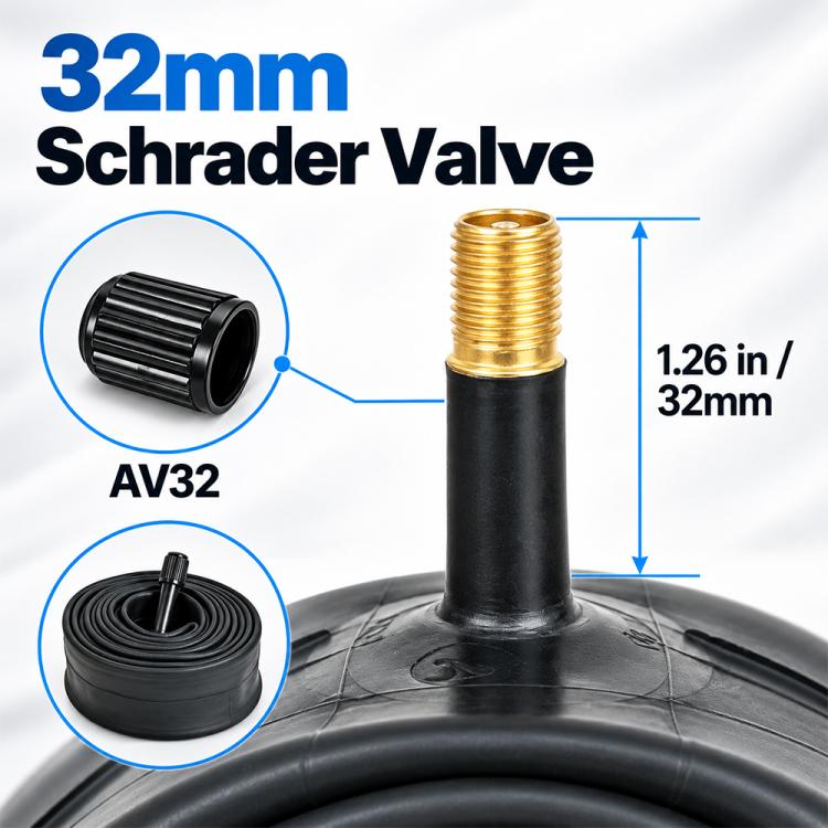 Schrader AV32 valve stem on black bicycle inner tube, 32mm length