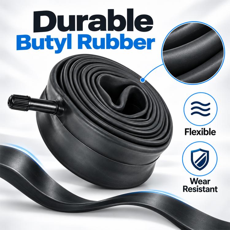 Rolled black bicycle inner tube with valve stem, butyl rubber construction