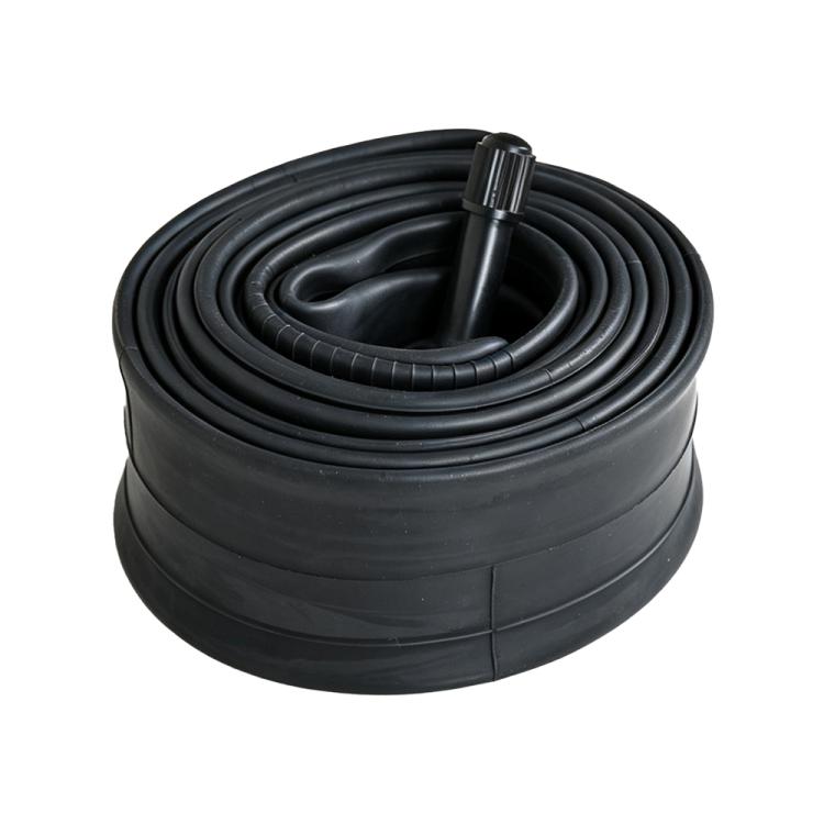 Black coiled bicycle inner tube with valve stem visible on top.