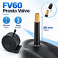 Black bicycle inner tube with gold Presta valve stem.