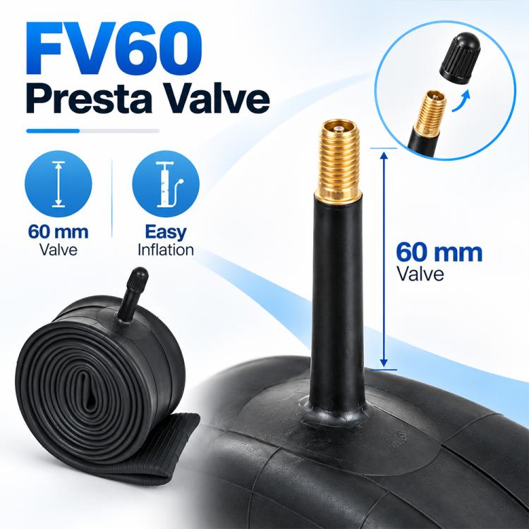 Black bicycle inner tube with gold Presta valve stem.
