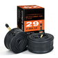 Rolled black inner tubes with American valve stems (AV48) near product box
