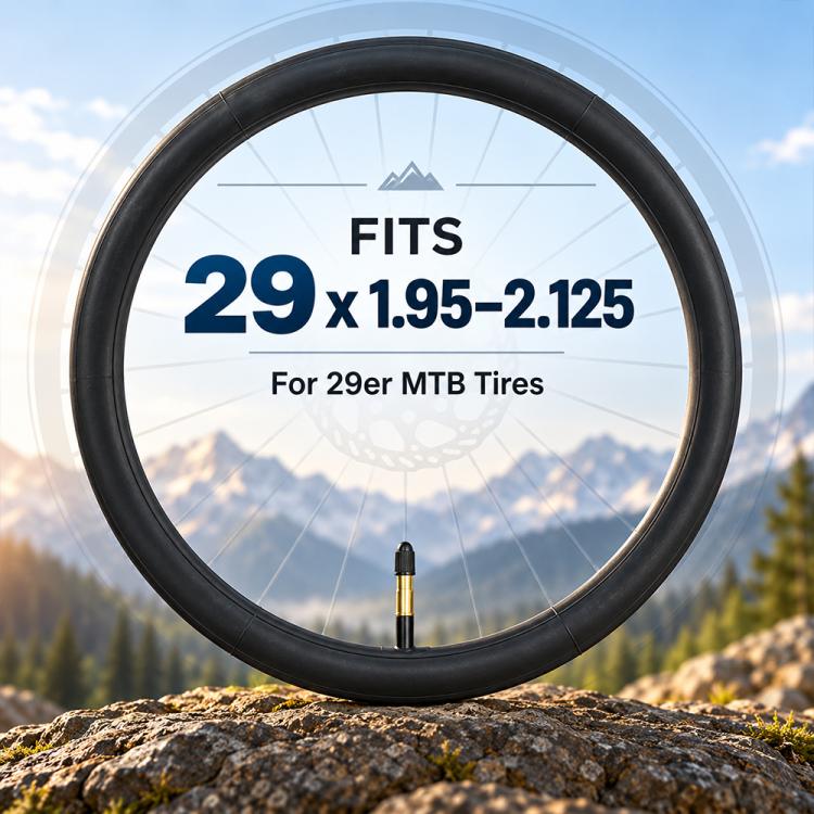 Front view of black 29-inch MTB inner tube with American valve stem (AV48)
