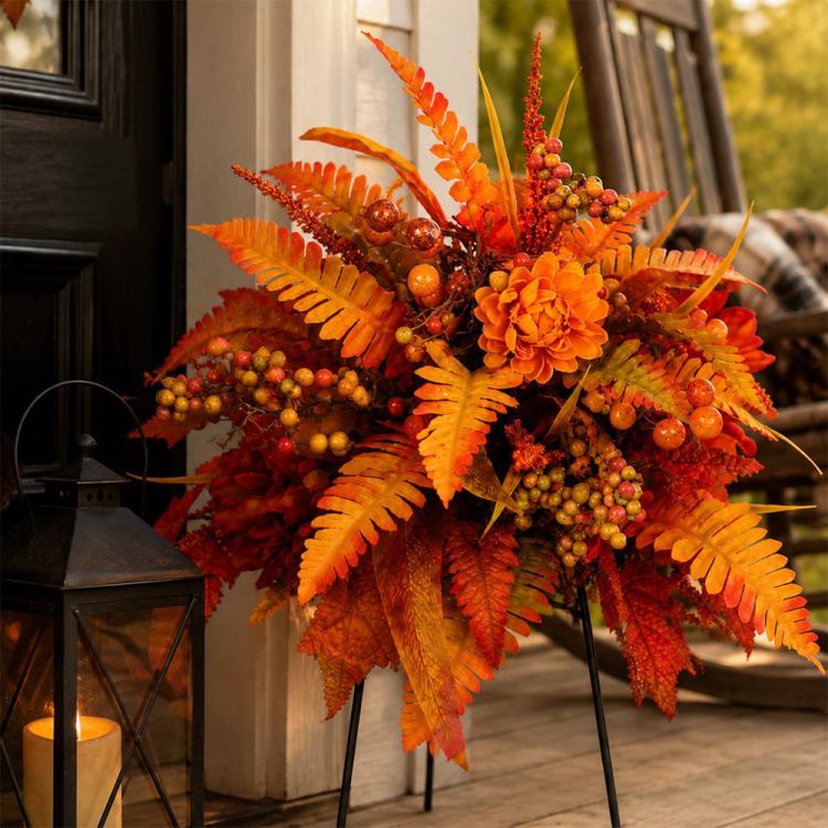 Orange-red fall floral garden stake arrangement with fern, berries, and three stakes