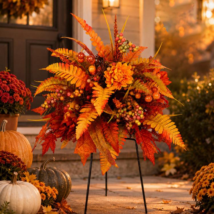 Orange-red fall floral garden stake arrangement with flower clusters, berries, and three stakes