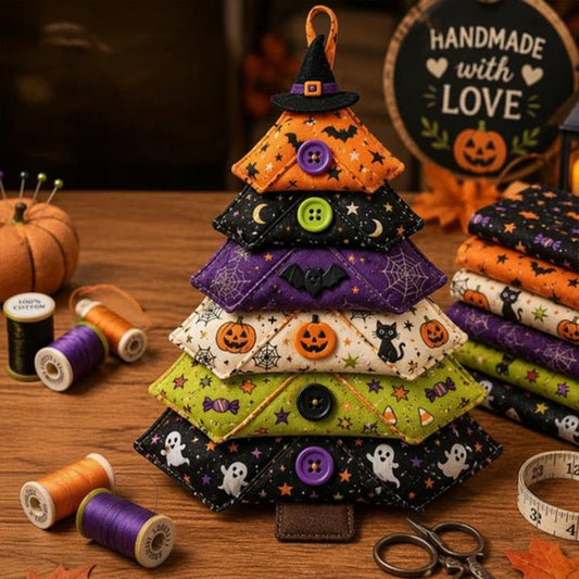 Layered fabric Halloween tree ornament with witch hat top and purple buttons