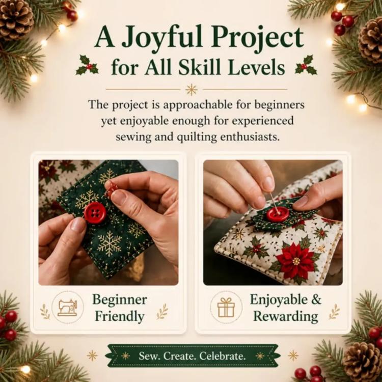 Layered fabric Christmas ornament kit with hands sewing a buttoned fabric tree