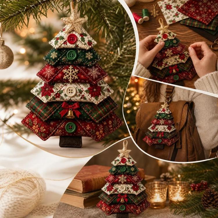 Layered fabric tree ornament with star top and button details, hanging from Christmas tree