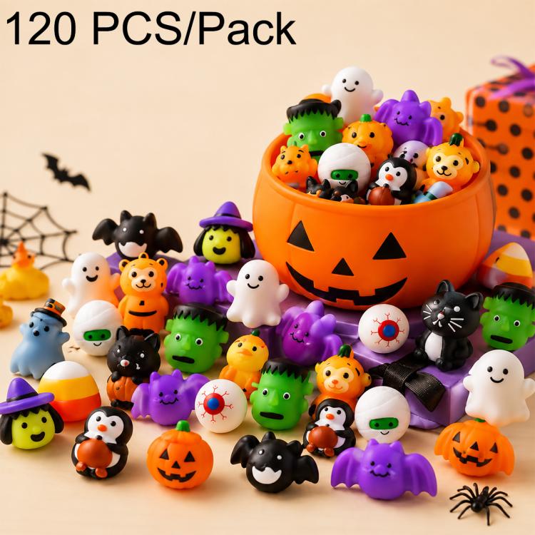 Halloween mochi squishy toy set in orange jack-o’-lantern bucket, assorted figures