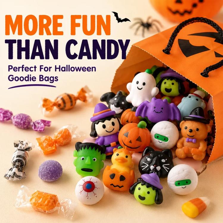 Halloween mochi squishy figures in a purple goodie bag with candy-like treats