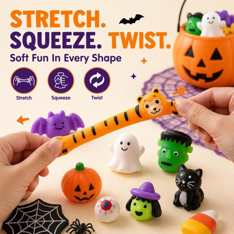 Hand stretching and twisting Halloween mochi squishy toy, with small character shapes
